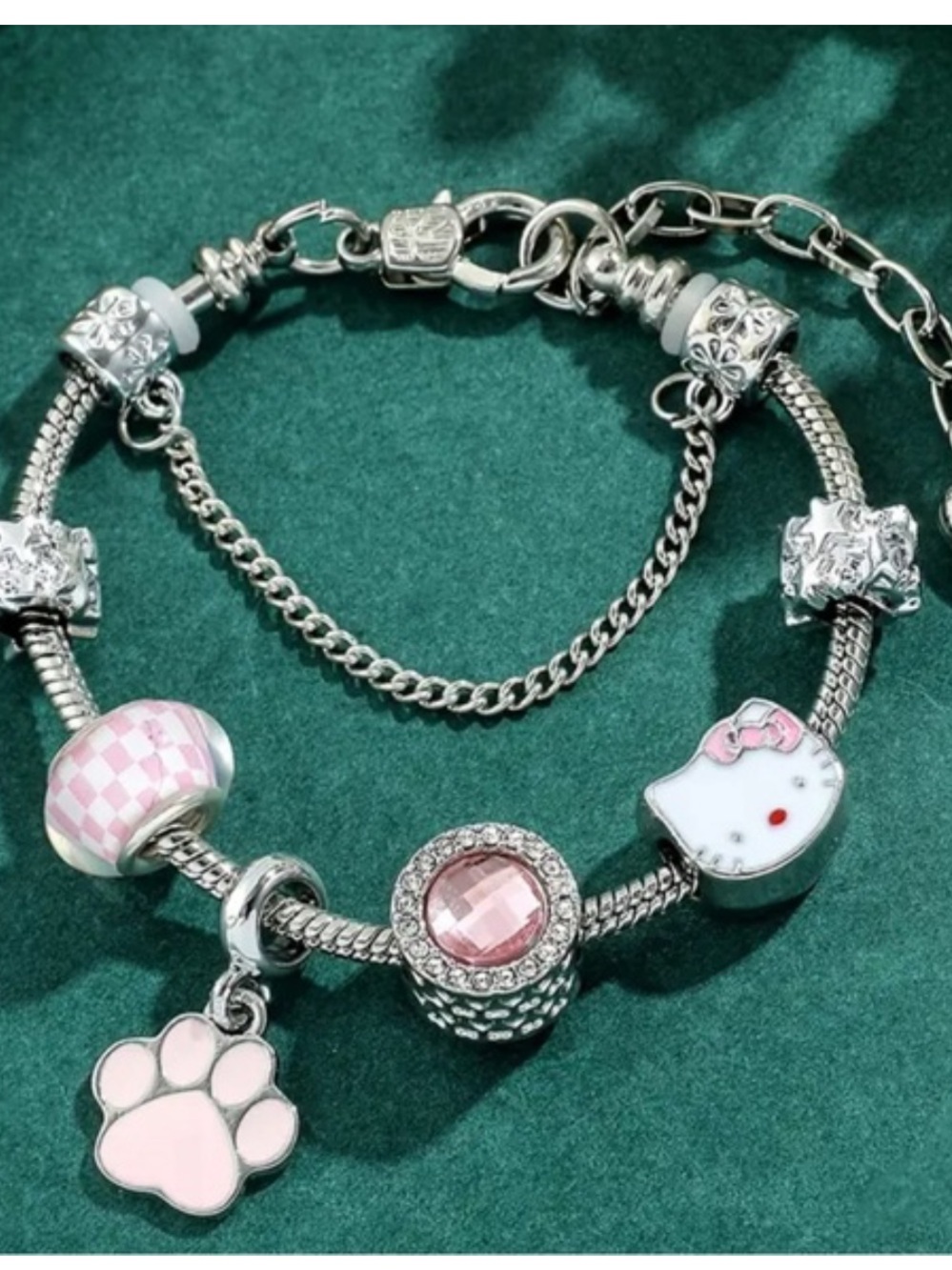 Hello Kitty Silver Charm Bracelet with Pink Enamel Accents